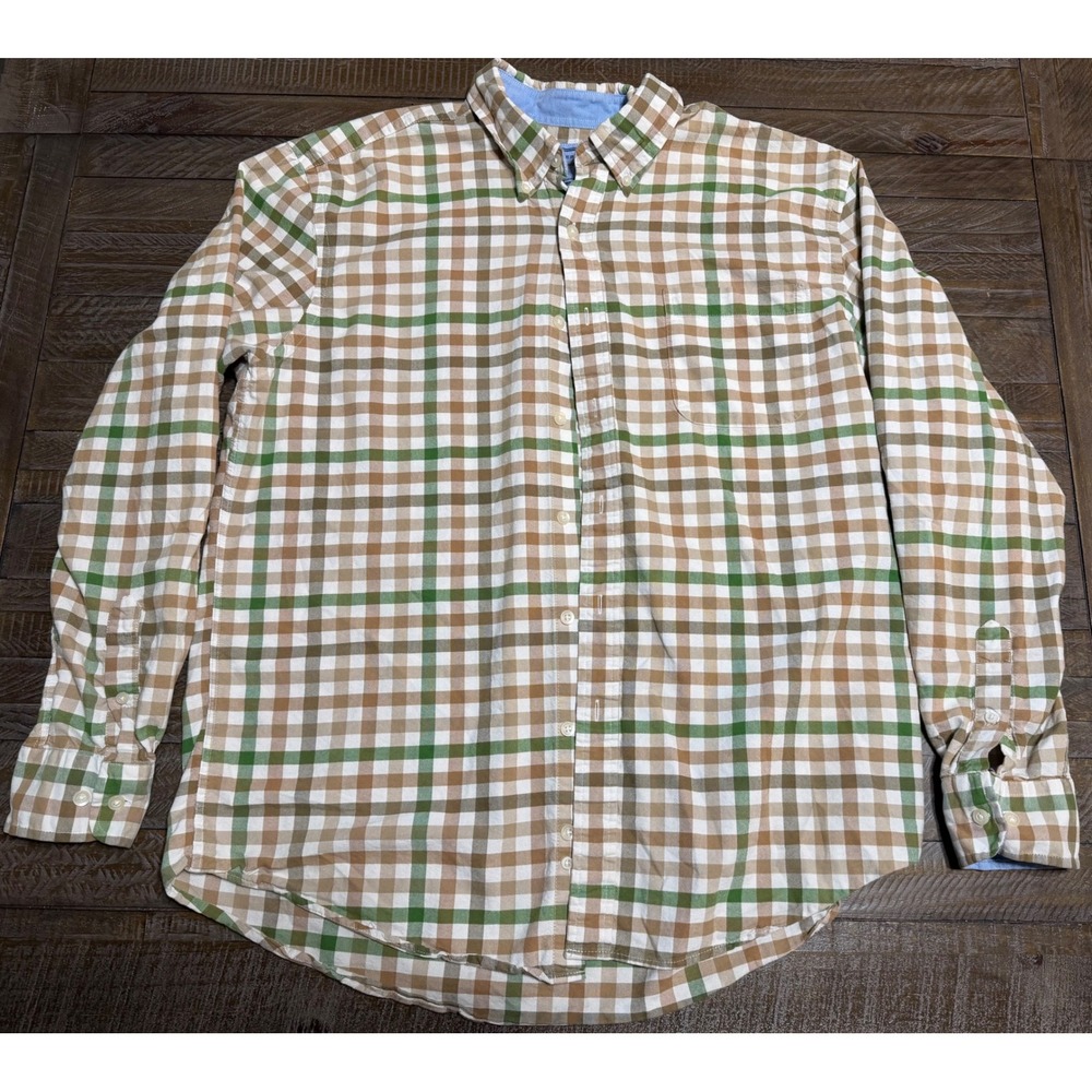 Saddlebred Vintage Oxford Shirt Mens Large Tan Green Plaid Button Down Preloved